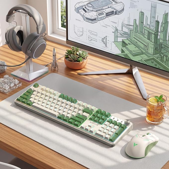 Redragon RM104 Wireless Gaming Keyboard with Knob, Tri-Mode BT/2.4G/USB-C RGB Computer Keyboards, 4000mAh Battery, Programmable Software Support, Anti-Ghosting, Compatible with PC Mac - White & Green - Image 8