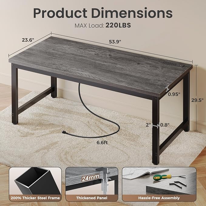 Huuger 55 x 24 inch Desk with Power Outlets & USB-C, Deeper & Thicker Desktop, Robust Metal Tubes, Computer Desk, Heavy Duty Office Desk, Work Gaming Desk for Home Office, Grey - Image 2