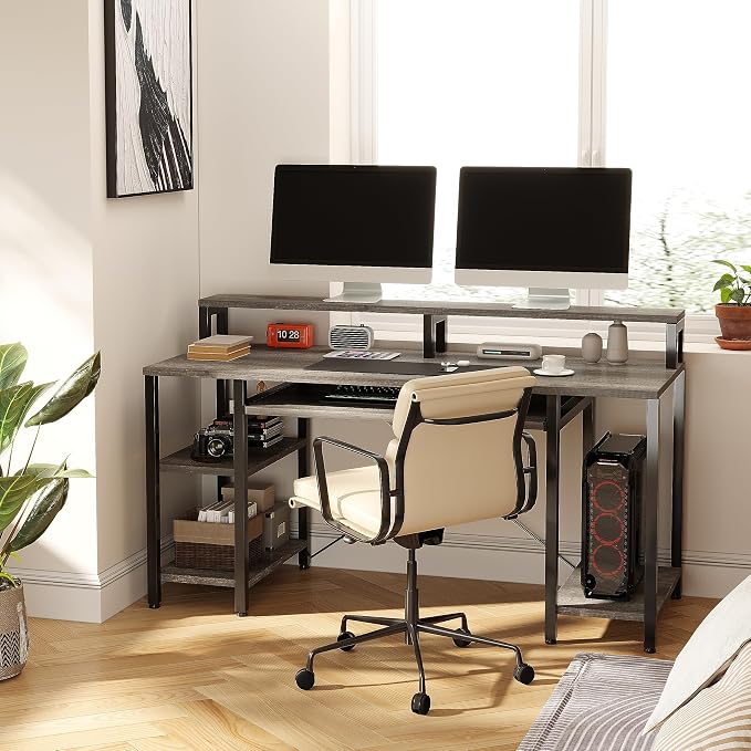 VERMESS Computer Desk- 48 Inch Home Office Desk with Keyboard Tray, 47" Gaming Desk with Full Monitor Stand & Storage Shelves & CPU Stand, Modern Study Writing Table with Shelf for Storage, Gray Oak - Image 8
