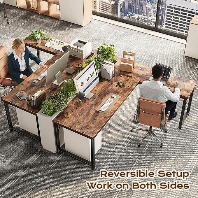 Huuger 63 Inch L Shaped Desk with Power Outlets and USB-C Port, 0.95 Inch Thicker Desktop, Reversible Computer Desk, Larger Office Corner Gaming Desk, Metal Frame, for Home Office, Study, Rustic Brown - Image 2