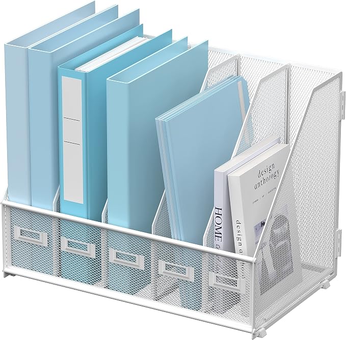 SUPEASY Desk Organizers Metal Desk Magazine File Holder with 5 Vertical Compartments Rack File Organizer for Office Desktop, Classroom, Home Workspace, White by SUPEASY