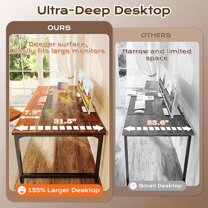 Huuger 63 x 31.5 inch Desk with Power Outlets & USB-C, 0.95 Inch Thicker Desktop, Robust Metal Tubes, Deep Computer Desk, Heavy Duty Office Desk, for Home Office, Rustic Brown - Image 5