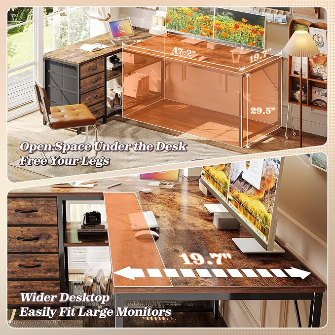 PRAISUN 61" L Shaped Desk with Power Outlets & USB-C Port, Reversible Computer Corner Office Desk with 4 Fabric Drawers and 2 Storage Shelves, Large Desk for Gaming Writing Study, Rustic Brown - Image 6