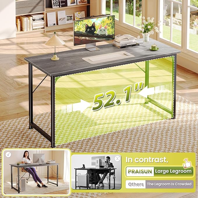 PRAISUN 55 Inch Computer Desk, Home Office Desk with Spacious Desktop, Grey | Modern Gaming Desk for Bedroom, Study, Work, Gaming & Writing, Large Legroom, Sturdy Metal Frame - Image 5