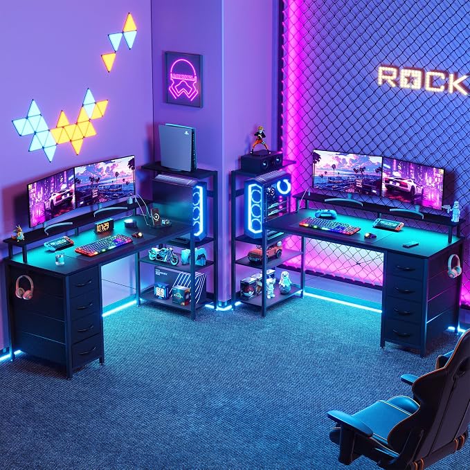 51 Inch Gaming Desk with Drawers & PC Tower Stand & LED Lights, Black | Reversible, Monitor Shelf, Power Outlets, Carbon Fiber, Mesa Gamer, Computer Desk with Storage, Gaming Table for Home Office - Image 8