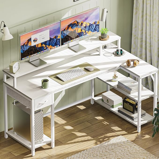 SUPERJARE 53 inch Reversible L Shaped Desk with LED Lights & Power Outlets, Computer Desk with Shelves & Monitor Stand, Gaming Desk with Drawer, Home Office Desk Corner Desk, PU White Drawer - Image 8