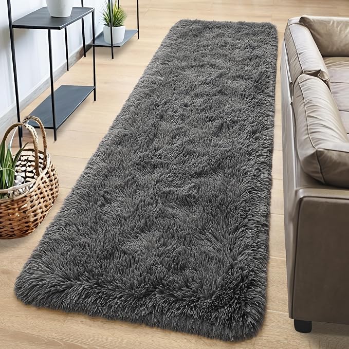 Tepook Fluffy Runner Rugs for Bedroom Aesthetic 2x6 Feet, Shag Soft Bedside Rug with Non-Slip Bottom, Fuzzy Plush Carpet for Room, Hallway Rug for Nursery Dorm Indoor Home Decor, Dark Grey - Image 2