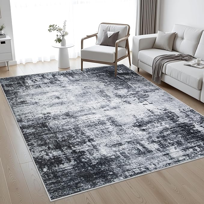 4x6 Area Rug Living Room Rug: Washable Modern Abstract Soft Thin Rug Indoor Floor No Slip Stain Resistant Carpet for Bedroom Dining Room Farmhouse Nursery Home Office - Dark-Black by FXRHLP