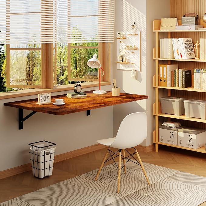 IAE 36x22in Floating Fold Desk,Wall-Mounted Folding Computer Table,Rustic | Study Table with Shelf Brackets,Foldable Down Shelf with Engineered Wood,Fold Computer Desk for Small Apartment,Holds 502 lb - Image 4