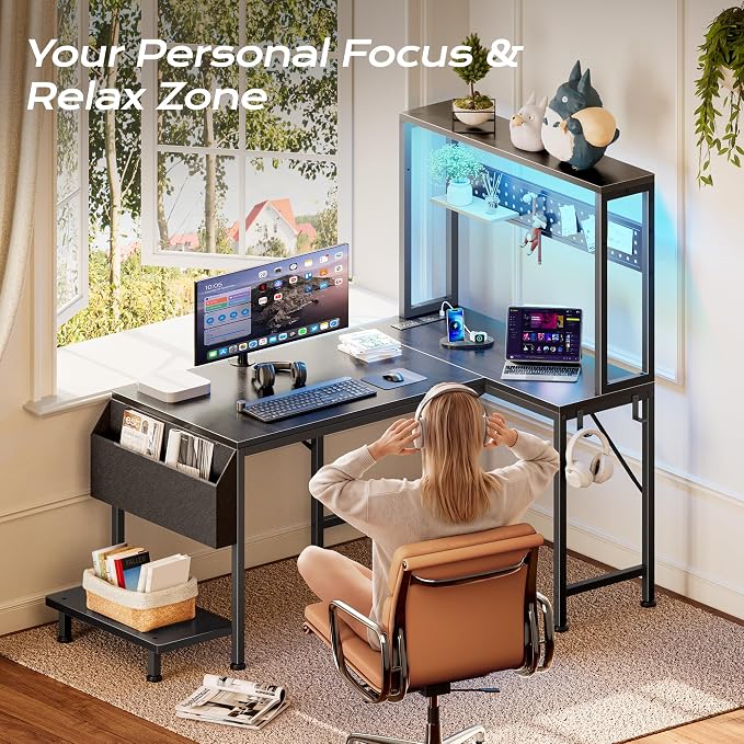 PRAISUN L Shaped Gaming Desk with LED Lights & Power Outlets, Reversible Computer Desk with Storage Shelves & Bag, Small Corner Home Office Desk with Pegboard for Work from Home, Black - Image 6