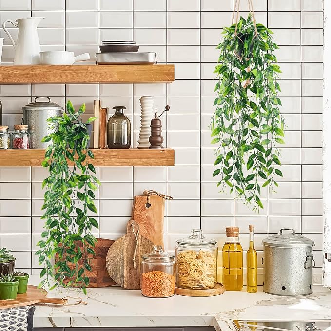Der Rose 2 Pack Fake Hanging Plants Small Artificial Plants Faux Pea Pod Plants Indoor for Aesthetic Living Room Office Shelf Decor - Image 5
