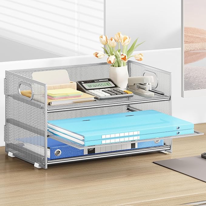 Subekyu 3 Tier Paper Desk Organizer with Handle and 1 PC Slideable Letter Tray, A4 Paper File Folder Sorter Metal Mesh Organizer for Home Office School Desk Supplies Organization Storage, Silver - Image 6