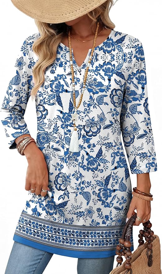 OFEEFAN Summer Boho Tops For Women 3/4 Length Sleeve Womens Tops Vacation Outfits by OFEEFAN