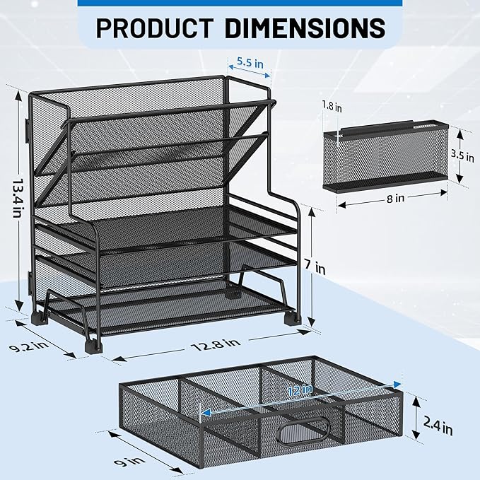 5 Tier Desk Organizer with Drawer & Pen Holders, Desk File Organizer Letter Tray Paper Organizer, Black - Image 2