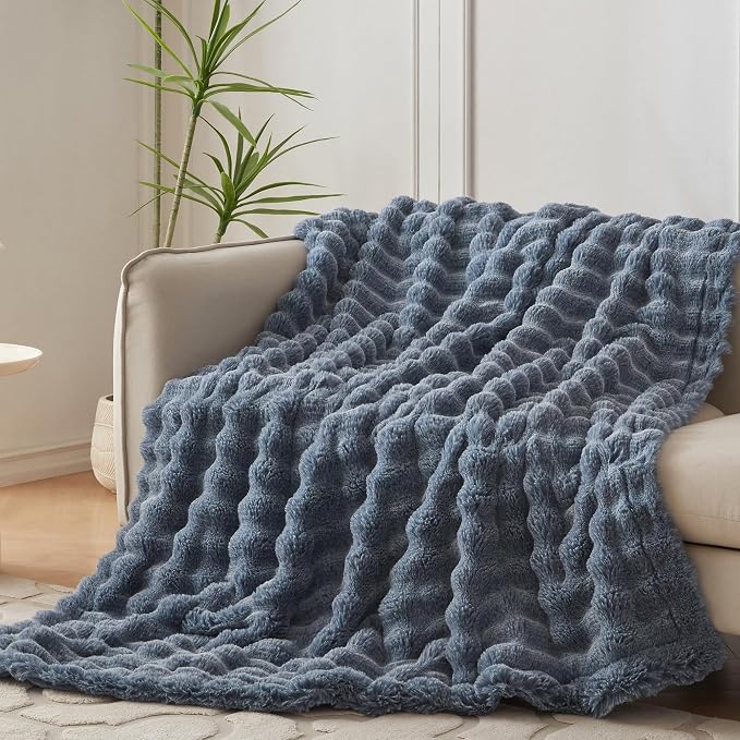 COOVA Faux Fur Throw Blanket for Couch, Cozy Soft and Fuzzy Plush Rabbit Fur Bubble Blanket for Sofa Bedroom Living Room, 50x60 Inches Cationic Dark Blue - Image 2