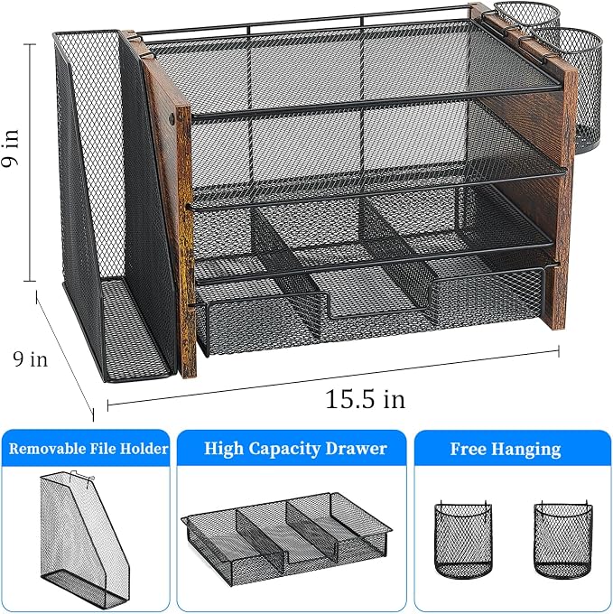 OPNICE Desk Organizer, 4-Tier Desktop File Organizer with Drawer and Pen Holders, Office Desk Accessories, File Sorters, Workspace Organizers for Office Supplies(Brown Wood) - Image 3