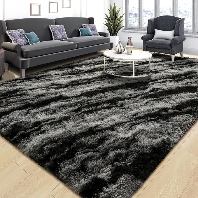 Tepook Area Rugs 9x12 for Living Room, Super Soft Fluffy Rugs for Bedroom, Modern Shaggy Rug Fuzzy Carpets for Kids, Plush Indoor Nursery Home Decor Rug with Non-Slip Bottom, Black Grey - Image 2