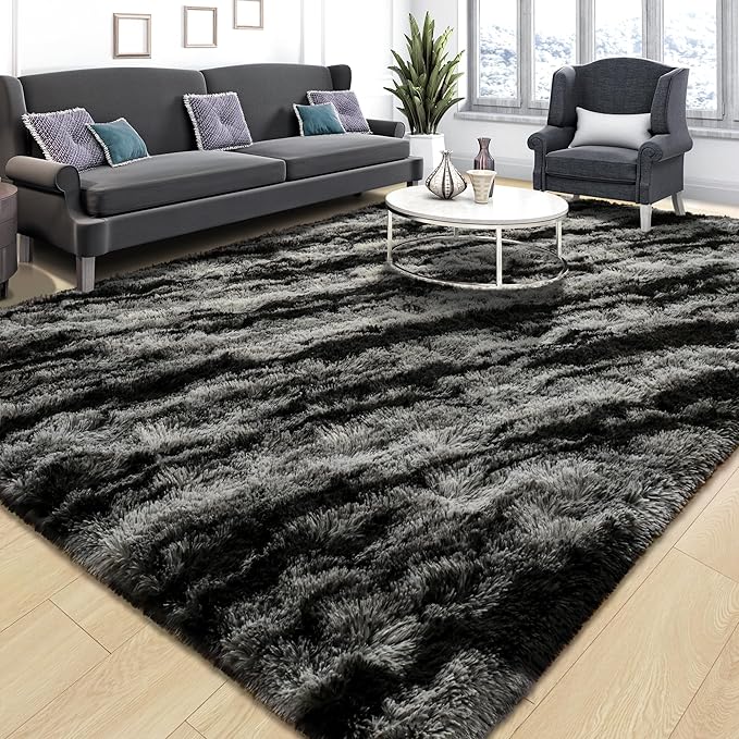 Tepook Soft Fluffy Rugs for Living Room, 5x8 Shaggy Area Rug for Bedroom, Modern Shag Rug Fuzzy Carpets for Kids, Plush Indoor Nursery Home Decor Rug with Non-Slip Bottom, Black Grey by Tepook