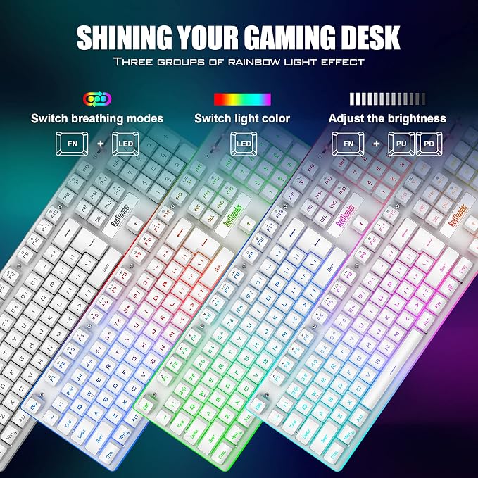 RedThunder K10 Wireless Gaming Keyboard and Mouse Combo, LED Backlit Rechargeable 3800mAh Battery, Mechanical Feel Anti-ghosting Keyboard + 7D 3200DPI Mice for PC Gamer (White) - Image 4