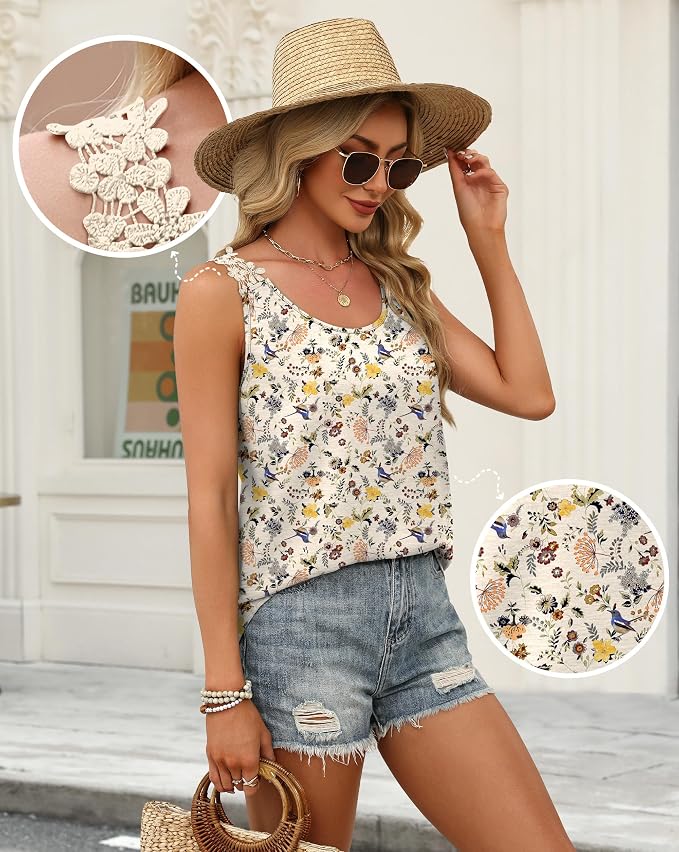 OFEEFAN Tank Top for Women Loose Fit Crew Neck Sleeveless Shirts Strap Lace Camisole Chiffon Summer Tops Curved Hem - Image 4