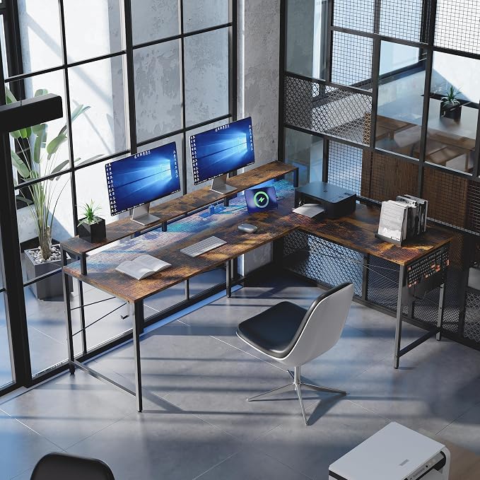 Pamray 64 Inch L Shaped Gaming Desk with Monitor Stand and Power Outlets | Large Corner Computer Desk With Pegboard & Led Lights USB Charging Ports for Home Office Study and Writing Bedroom and Dorms - Image 2
