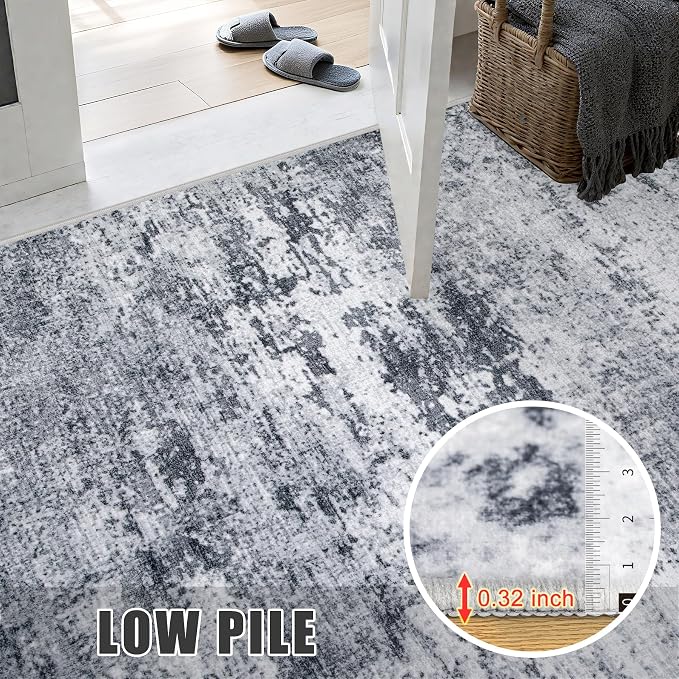 Round Area Rug for Living Room: 6 ft Washable Modern Abstract Soft Thin Rug Indoor Floor No Slip Stain Resistant Carpet for Bedroom Dining Room Farmhouse Nursery Home Office - Grey - Image 7