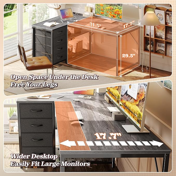 PRAISUN 43.3" Small Computer Desk with Power Outlets & USB-C Port, Reversible L Shaped Corner Office Desk with 4 Fabric Drawers and 2 Adjustable Storage Shelves, for Gaming Writing, Grey - Image 6