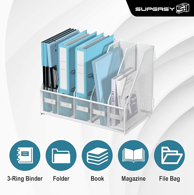 SUPEASY Desk Organizers Metal Desk Magazine File Holder with 5 Vertical Compartments Rack File Organizer for Office Desktop, Classroom, Home Workspace, White Plus - Image 4