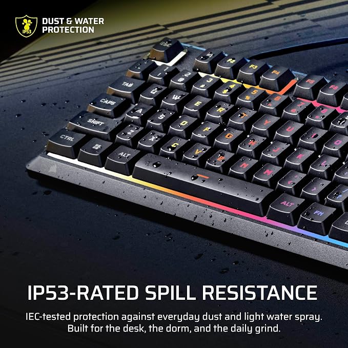 Corsair Skiff 100 Quiet RGB Wired Membrane Gaming Keyboard – QWERTY US, IP53 Spill & Dust Resistant, Responsive Keys, Media Dial – Black - Image 5