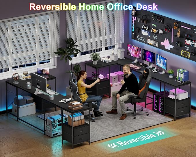 YOSHOOT 67" U Shaped Computer Desk, Reversible L Shaped Gaming Desk | Corner Desk with Power Outlets, 4 Drawers, 2 Storage Shelf, Computer Table with 4 Installation Methods, Black - Image 7