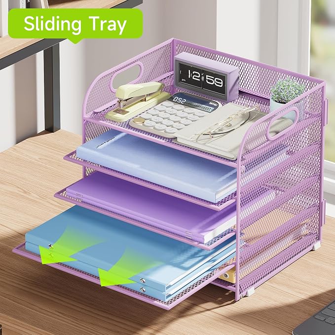 Cawukege 5 Tier Paper Organizer with Handle, Metal Mesh Desk Organizer File Folder Paper Letter Tray Desktop Document Sorter for Classroom, School, Office Accessories Organization and Storage - Purple - Image 3