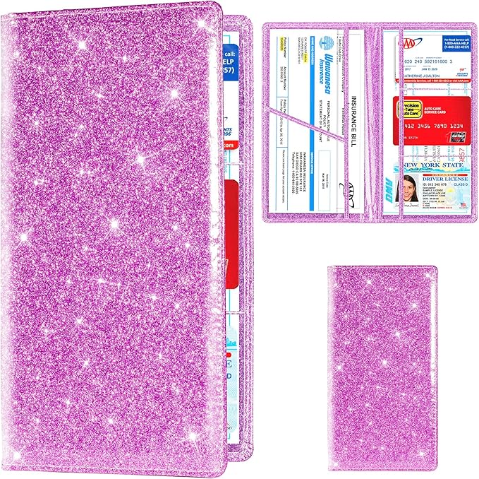 TOURSUIT Car Registration and Insurance Card Holder, Glitter Purple | Vehicle License Document Organizer, Glove Box Compartment, Interior Car Accessories, For Women Men by TOURSUIT