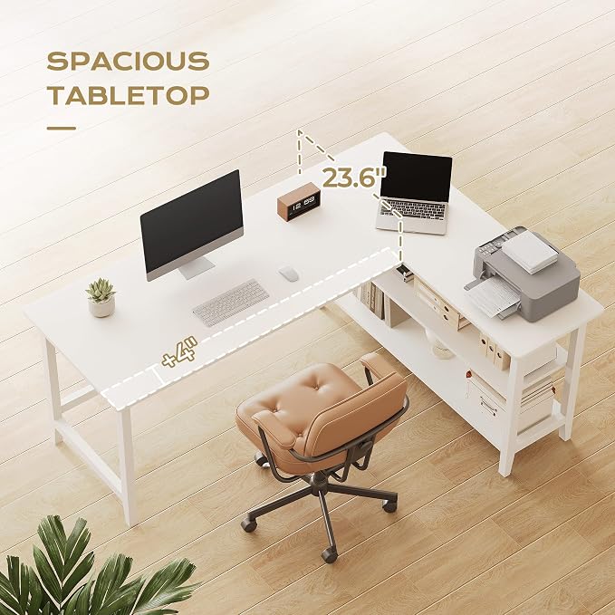 IOTXY Reversible L-Shaped Office Desk - 63" Extra Large Corner Computer Table with Storage Shelves, Solid Wood Legs, Home Writing & Study Workstation, White - Image 7
