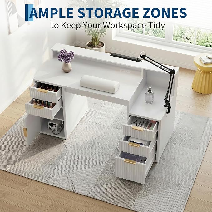 Garvee Rectangular Computer Desk with Hutch & Printer Stand, Ripple Door Storage Home Office Desk, Space-Saving Study Writing Desk for Bedroom, Sturdy Board Student Desk with Easy Assembly, White - Image 4