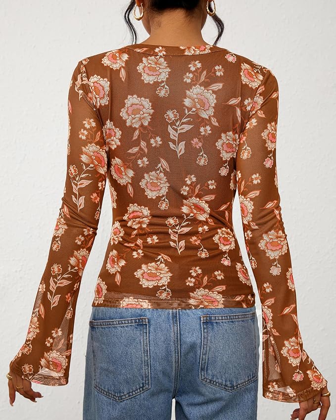 BTFBM Button Down Shirts for Women 2026 Fall Boho Tops V Neck Long Sleeve Blouses Ruched Mesh Fitted Fashion Clothing - Image 4