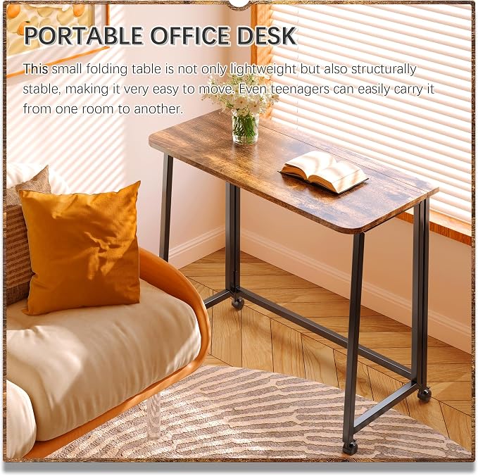 4NM 31.5" Mobile Small Folding Desk, Foldable Rolling Computer Home Office Desk, Study Writing Table for Small Space Saving Bedroom, with Wheels - Rustic Brown and Black - Image 4