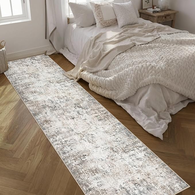 2.6'x14' Runner Rug Washable Rug: Modern Abstract Soft Thin Runner Rug Brown Grey - Image 3