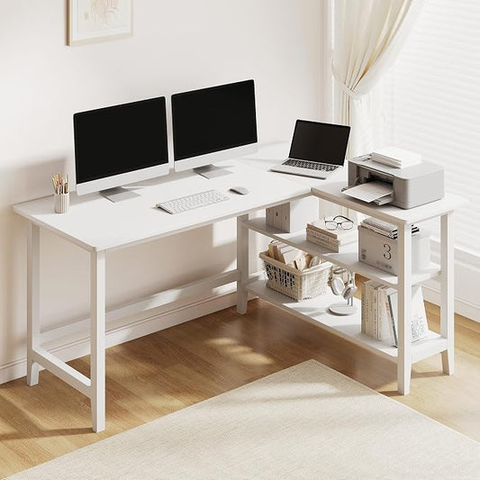 IOTXY Reversible L-Shaped Office Desk - 53" Modern Corner Computer Table with Storage Shelves, Solid Wood Legs, Home Writing & Study Workstation, White by IOTXY