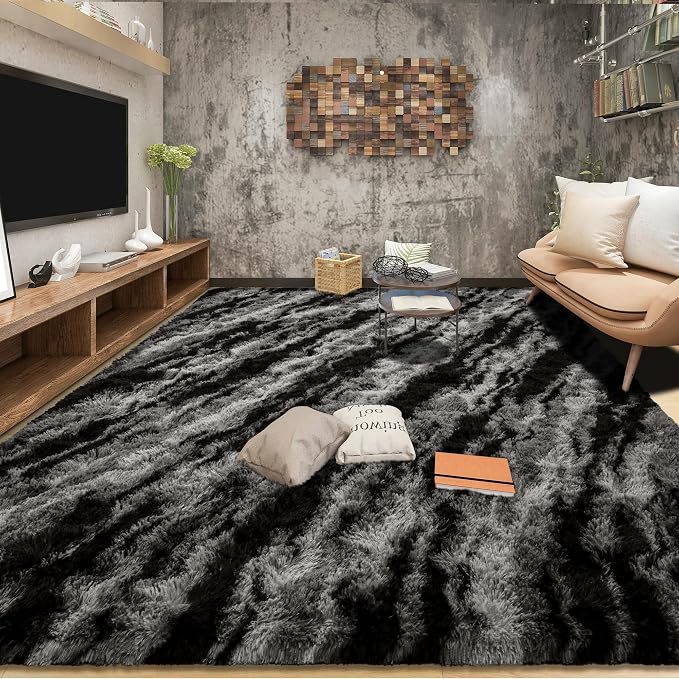 Tepook Fluffy Large Rugs for Living Room, 8x10 Area Rugs for Bedroom, Modern Shag Fuzzy Carpets for Kids Boys Girls, Plush Indoor Nursery Home Decor Rug with Non-Slip Bottom, Black Grey by Tepook