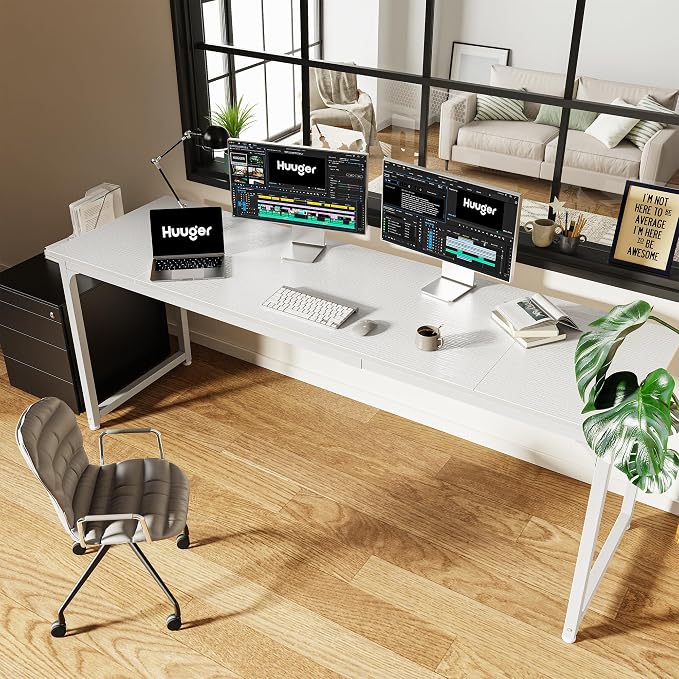 Huuger Computer Desk, 80 Inch Office Desk, Gaming Desk with Storage, Writing Desk Work Desk for Home Office, Study, Long Simple Desk, Large Legroom, Metal Frame, White - Image 6