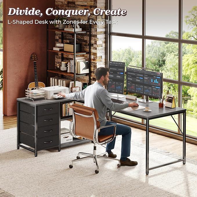 PRAISUN 61" L Shaped Desk with Power Outlets & USB-C Port, Reversible Computer Corner Office Desk with 4 Fabric Drawers and 2 Storage Shelves, Large Desk for Gaming Writing Study, Grey - Image 2