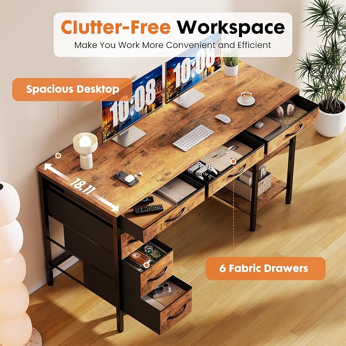 Sweetcrispy 55" Computer Desk with 6 Fabric Drawers & Storage Shelves | Reversible Gaming Desk, Office Desk, Computer Workstation, Corner Desk with Storag, Home Office, Living Room, Rustic Brown - Image 5