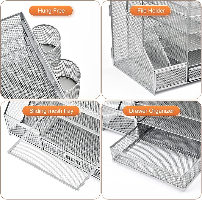 Marbrasse Desk Organizer with File Holder, 5-Tier Paper Letter Tray Organizer with Drawer and 2 Pen Holder, Mesh Desktop Organizer and Storage with Magazine Holder for Office Supplies (Silver) - Image 4