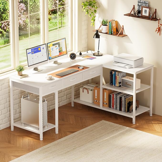 PRAISUN 55 Inch L Shaped Office Desk with Power Outlets and Type-C Port, Large Computer Gaming Desk with 3 Fabric Drawers, Mesh Shelves, Corner Study Work Writing Desk, White - Image 2