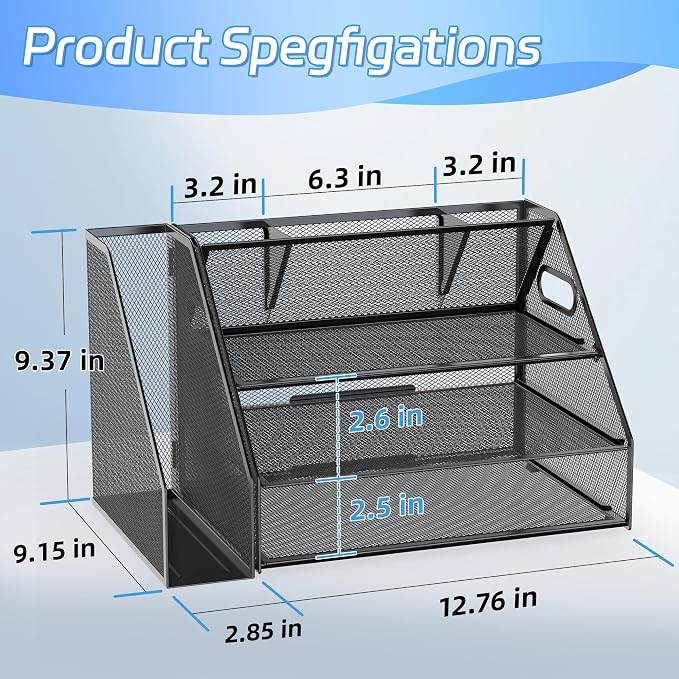 Docnest 3 Tier Desk Organizer with File Holder & Pen Holder, Black | Features 3 built-in pen holders with removable dividers. Space-saving mesh storage for office mail, files & stationery - Image 2