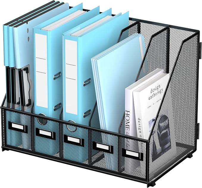 SUPEASY Desk Organizers Metal Desk Magazine File Holder with 16''x12''x12'' 5 Vertical Compartments Rack File Organizer for Office Desktop, Classroom, Home Workspace, Black Plus by SUPEASY