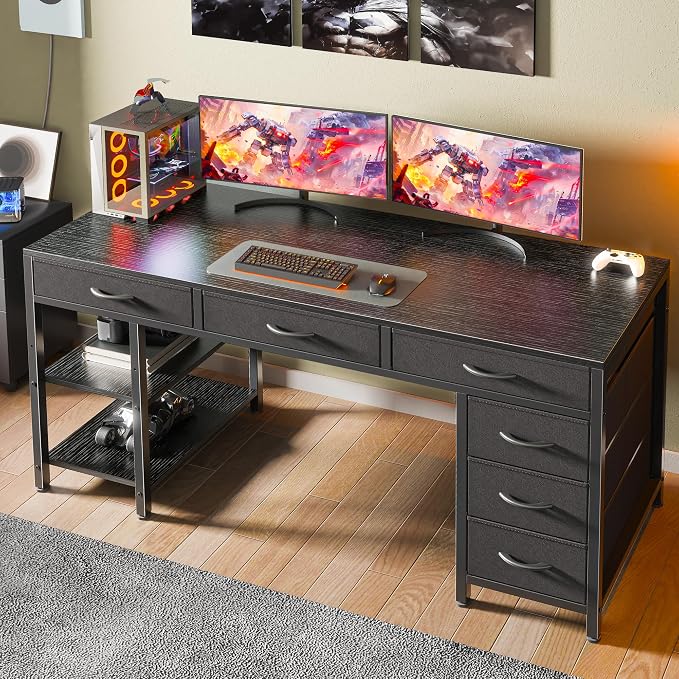 Huuger Computer Desk with 6 Drawers, Office Desk with Shelves, Reversible Gaming Desk, Corner Desk with Storage, Work for Home Office, Study, Living Room, 54inch, Black - Image 7