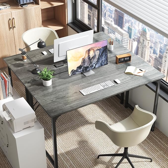 Huuger Computer Desk, 55 Inch Home Office Desk, Gaming Writing Work from Home Study Desk, Large Legroom, Sturdy Metal Frame, Modern Simple, Grey - Image 5