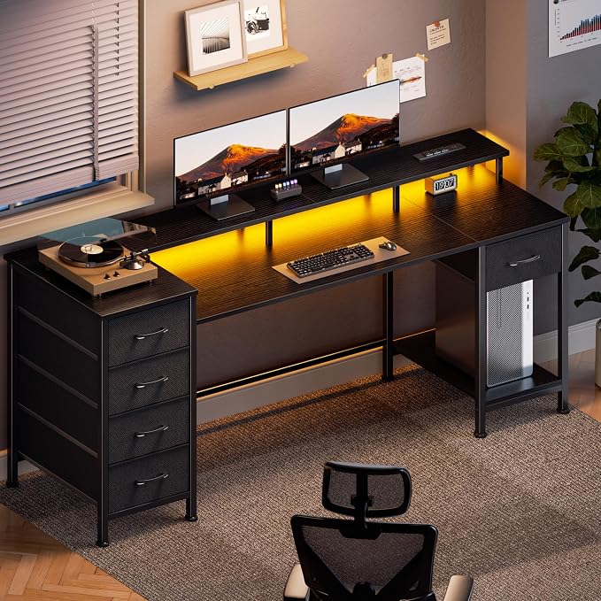 Korfile 61 Inch Gaming Computer Desk with Power Outlets,LED,5 Drawers,Black | For gaming and working,built-in power outlets and LED lights,5 fabric storage drawers, ffits 61-inch, monitor stand,black - Image 8