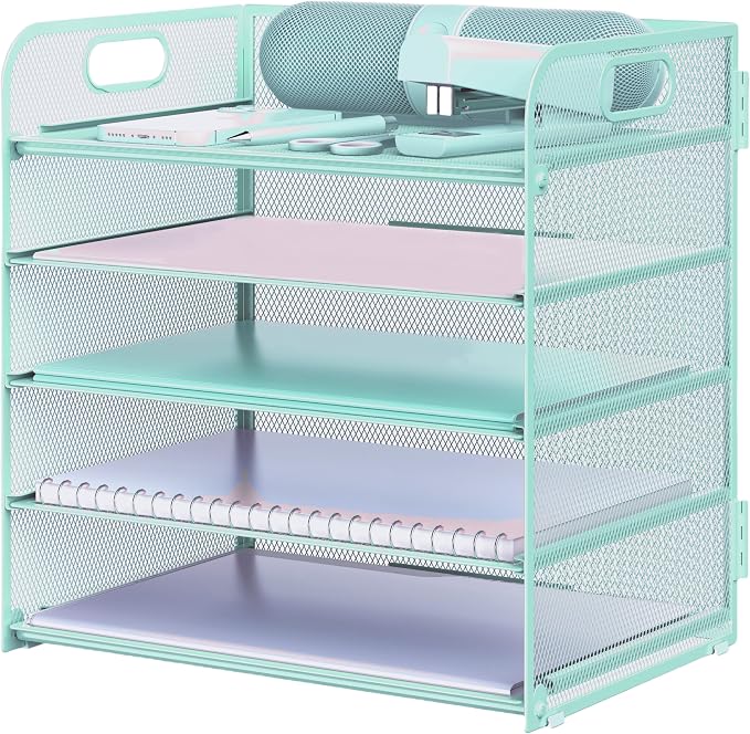 Letter Tray Paper Organizer 5-Tier Desk Organizer File Organizer Paper Holder with Handle, Metal Desktop Document Shelf Tray Office Classroom Organization - Blue by Sinboun